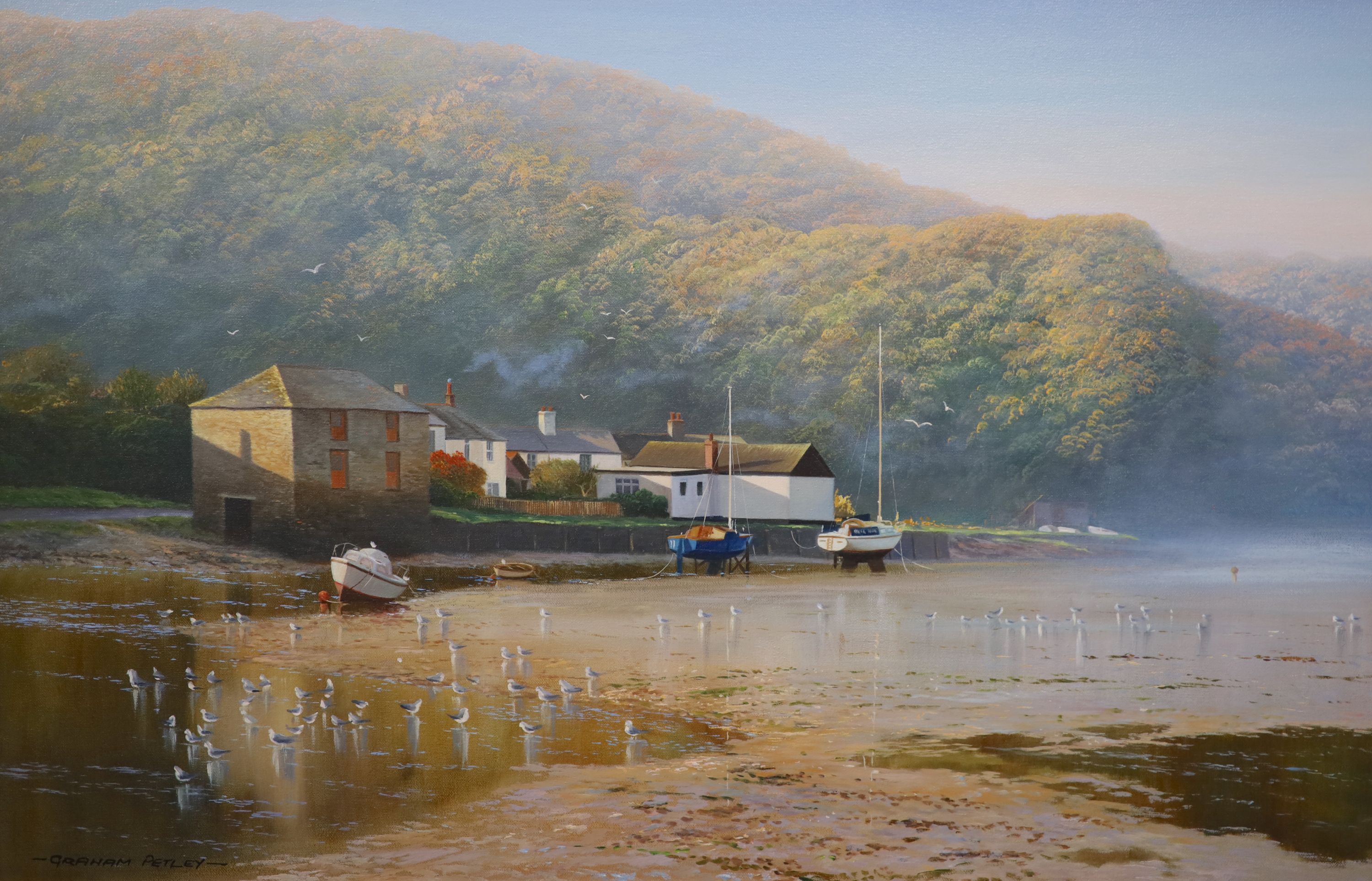 Graham Petley (b.1944), ‘Low tide, Lerryn, Cornwall’, Oil on canvas, 50 x 75cm.